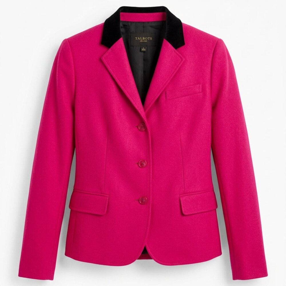 Talbots Fuchsia Pink Wool Blazer with Black Velvet Collar – 8p